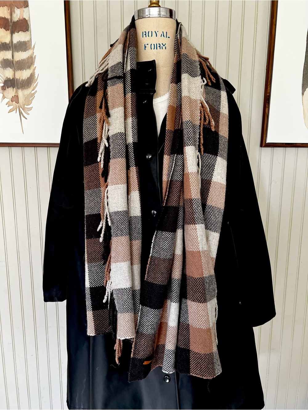 Coach Cozy Brown Plaid Fringe Trim Shawl Scarf
